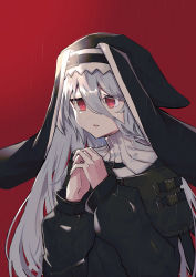 Rule 34 | 1girl, arknights, black dress, commentary request, crying, crying with eyes open, dress, grey hair, habit, hair between eyes, hands up, highres, indoors, long hair, long sleeves, nun, off-shoulder dress, off shoulder, open mouth, own hands clasped, own hands together, parted lips, praying, red background, red eyes, ribbed sweater, shochu a, solo, specter (arknights), sweater, tears, upper body, white sweater
