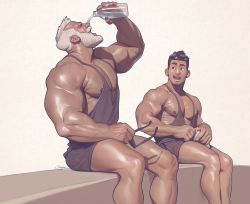Rule 34 | 2boys, age difference, artist name, bara, beard, biceps, black hair, bottle, couple, ear piercing, facial hair, large pectorals, looking at another, male focus, manly, mature male, multiple boys, muscular, muscular male, nipples, open mouth, original, pectorals, piercing, short hair, shorts, signature, silverjow, simple background, sitting, size difference, spiked hair, sunglasses, tank top, teeth, thick arms, thick eyebrows, thick thighs, thighs, tongue, water, water bottle, white background, white hair, yaoi