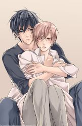 Rule 34 | 2boys, beautiful-shinigami, black hair, blue eyes, blush, highres, hug, hug from behind, kurose riku, looking at another, looking at viewer, male focus, multiple boys, open clothes, open shirt, parted lips, pink eyes, pink hair, shirotani tadaoimi, ten count, watermark, yaoi