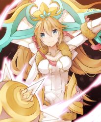 Rule 34 | 1girl, blonde hair, blue eyes, breasts, cleavage, dress, fur trim, gloves, headdress, horns, kurage (11649021), long hair, looking at viewer, pom pom (clothes), puzzle &amp; dragons, sakuya (p&amp;d), solo, spike ball, spikes, white dress, white gloves
