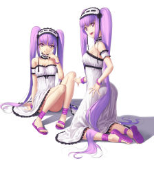 Rule 34 | 2girls, ankle wrap, anklet, bracelet, euryale (fate), fate/hollow ataraxia, fate (series), feet, hairband, hand on own hip, jewelry, kneeling, licking lips, lolita hairband, long hair, looking at viewer, looking back, multiple girls, on floor, open mouth, purple eyes, purple hair, sandals, shadow, siblings, simple background, sisters, sitting, smile, stheno (fate), thighhighs, toes, tongue, tongue out, tsukikanade, twins, twintails, very long hair, white background