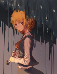 Rule 34 | 1girl, ascot, black skirt, black vest, blonde hair, blouse, closed mouth, darkness, dripping, from side, holding, holding umbrella, long sleeves, looking at viewer, looking to the side, no headwear, pink pupils, red ascot, red eyes, roke (taikodon), rumia, shirt, short hair, sideways glance, skirt, skirt set, smile, solo, standing, touhou, umbrella, upper body, vest, white shirt