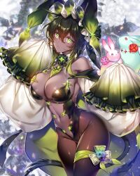 Rule 34 | 1girl, bare shoulders, breasts, cleavage, commission, cowboy shot, dark skin, detached collar, detached sleeves, fishnet pantyhose, fishnets, flower, frilled sleeves, frills, gradient hair, green eyes, green hair, large breasts, looking at viewer, multicolored hair, munlu (wolupus), navel, original, pantyhose, parted lips, rabbit, signature, skeb commission, sleeves past fingers, sleeves past wrists, solo, strapless, tail, thigh strap, white flower