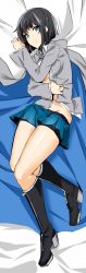 Rule 34 | 1girl, black footwear, black hair, blue cape, blue eyes, blue skirt, bob cut, boots, cape, closed mouth, covering privates, covering breasts, dakimakura (medium), doko tetora, from above, grey cape, grey jacket, high heel boots, high heels, highres, jacket, long sleeves, looking at viewer, lying, miniskirt, on back, open clothes, open jacket, original, pleated skirt, rei (doko tetora), skirt, solo, two-sided cape, two-sided fabric