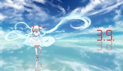 Rule 34 | 1girl, absurdly long hair, blue dress, blue eyes, blue hair, blue sky, choker, closed mouth, cloud, cloudy sky, commentary request, day, dress, hair ribbon, hatsune miku, horizon, jaco, long hair, looking at viewer, outdoors, puffy short sleeves, puffy sleeves, red choker, red footwear, red ribbon, reflection, ribbon, sash, shoes, short sleeves, skirt hold, sky, smile, solo, standing, standing on liquid, standing on one leg, standing on water, twintails, very long hair, vocaloid