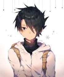 Rule 34 | 1boy, artist name, black eyes, frown, hair over one eye, highres, jacket, kkotto, looking at viewer, male focus, neck tattoo, number tattoo, ray (yakusoku no neverland), simple background, snowflakes, solo, tattoo, turtleneck, upper body, white jacket, yakusoku no neverland