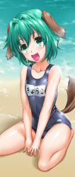 Rule 34 | 1girl, absurdres, animal ears, beach, blush, collarbone, fang, gradient background, green eyes, green hair, henshako, highres, kasodani kyouko, matching hair/eyes, name tag, one-piece swimsuit, open mouth, outdoors, school swimsuit, shiny clothes, sitting, skindentation, smile, solo, swimsuit, tail, touhou, v arms, wariza, water