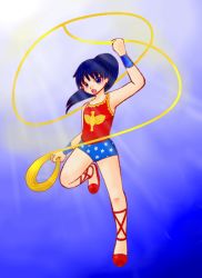 Rule 34 | 1girl, amazon warrior, ankle lace-up, black hair, cross-laced footwear, dc comics, donna troy, eagle (symbol), lasso, red footwear, shoes, solo, star (symbol), star print, wonder girl, wonder woman (series)