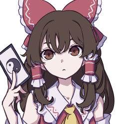 Rule 34 | 1girl, absurdres, ascot, bow, brown eyes, brown hair, card, collarbone, detached sleeves, frilled bow, frills, hair bow, hair tubes, hakurei reimu, highres, japanese clothes, kame (kamepan44231), long hair, miko, nontraditional miko, one-hour drawing challenge, red bow, ribbon-trimmed sleeves, ribbon trim, sidelocks, simple background, solo, touhou, white background, wide sleeves, yellow ascot, yin yang
