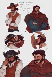 Rule 34 | 2boys, absurdres, analligator, artist name, bara, beard, black hair, blue shirt, blush, brown hair, cape, closed eyes, closed mouth, couple, crossed arms, english text, erection, facial hair, fellatio, graves (league of legends), hat, highres, kiss, league of legends, looking at another, male focus, multiple boys, muscular, muscular male, oral, penis, ponytail, red cape, red vest, shirt, short hair, smile, twisted fate, vest, white shirt, yaoi