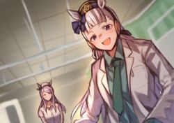 Rule 34 | 2girls, animal ears, blurry, bow, coat, collared shirt, depth of field, ear bow, green necktie, green shirt, grey hair, hat, highres, horse ears, indoors, jitome, lab coat, long hair, long sleeves, looking at another, looking at viewer, meme, metal gear (series), metal gear solid v: the phantom pain, multiple girls, necktie, nine years in a coma (meme), nurse cap, open clothes, open coat, open mouth, pillbox hat, purple eyes, purple hair, reon (dainagon azuki), shirt, smile, solid circle eyes, sweatdrop, teeth, umamusume, upper teeth only, white coat, white shirt