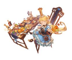 Rule 34 | 10s, 1girl, :t, ^ ^, black bow, black bowtie, blonde hair, blue dress, blush, bottle, bow, bowtie, burger, chair, charlotta (granblue fantasy), cherry, closed eyes, crown, cup, dress, drink, drinking glass, drinking straw, eating, egg, egg (food), facing viewer, food, foodgasm, fried egg, from above, from side, fruit, full body, glint, gold, granblue fantasy, gravy boat, hamburger steak, hand on own cheek, hand on own face, harvin, hat, head tilt, lemon, lemon slice, long hair, meatball, minaba hideo, mini flag, official art, olive, omelet, omurice, pasta, plate, pointy ears, puffy short sleeves, puffy sleeves, rice, sausage, shoes, short sleeves, shrimp, shrimp tempura, sitting, socks, solo, sparkle, spoon, swept bangs, table, tart (food), tempura, transparent background, very long hair, white socks