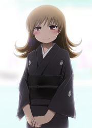 Rule 34 | 1girl, backlighting, brown hair, closed mouth, earth ekami, funeral kimono, half-closed eyes, japanese clothes, kimono, long hair, looking at viewer, obi, own hands together, sash, smile, solo