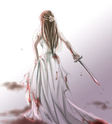 Rule 34 | 1girl, blood, blood on clothes, dress, flower, gensou suikoden, gensou suikoden i, gradient background, long hair, lowres, odessa silverberg, red hair, sgn, solo, sword, weapon, wedding dress