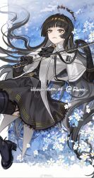 Rule 34 | 1girl, antenna hair, arknights, artist name, asamayuki ra, ascot, belt, belt buckle, black ascot, black belt, black bustier, black eyeshadow, black footwear, black garter straps, black gloves, black hair, black halo, black skirt, black thighhighs, blue theme, blunt bangs, blurry, blurry edges, border, bow (music), broken halo, buckle, bustier, buttons, closed mouth, collared jacket, colored inner hair, commentary request, cowboy shot, dark halo, day, dress shirt, eyelashes, eyeshadow, flower, from above, garter straps, gloves, grass, grey eyes, grey hair, grey shirt, hair flowing over, hair spread out, halo, hands up, high heels, highres, hime cut, holding, holding bow (music), holding hair, holding own hair, jacket, knee up, layered sleeves, leaf, light smile, lips, long hair, long sleeves, looking afar, looking ahead, lying, makeup, miniskirt, mole, mole under eye, multicolored hair, on back, on grass, on ground, outdoors, outside border, pale skin, pleated skirt, shadow, shirt, short over long sleeves, short sleeved jacket, short sleeves, sidelocks, skirt, solo, straight hair, strappy heels, sunlight, thighhighs, two-tone hair, very long hair, virtuosa (arknights), watermark, weibo logo, weibo username, white belt, white border, white flower, white jacket, wide sleeves, wing collar, yellow pupils, zettai ryouiki