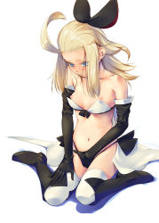 Rule 34 | 1girl, 5pb., bare shoulders, black gloves, black panties, blonde hair, blue eyes, blush, boots, bow, bravely default: flying fairy, bravely default (series), breasts, breasts out, collarbone, edea lee, elbow gloves, female focus, female masturbation, fingering, g-string, gloves, hair bow, hair ribbon, hand in panties, kirishima satoshi, knee boots, masturbation, navel, nipple slip, nipples, panties, ribbon, simple background, sitting, small breasts, solo, thighhighs, thong, underwear, wariza, white background, white thighhighs
