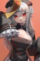 Rule 34 | 1girl, absurdres, black dress, black hat, breasts, cleavage, cleavage cutout, clothing cutout, commentary request, double bun, dress, frilled sleeves, frills, grey hair, hair bun, hair ornament, hairclip, halloween, hat, highres, jiangshi, large breasts, long hair, looking at viewer, moti yousei, ofuda, orange background, original, red eyes, simple background, sleeves past fingers, sleeves past wrists, solo, zipper