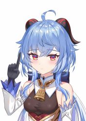 Rule 34 | 1girl, ahoge, bare shoulders, bell, black gloves, blue hair, blush, bodystocking, breasts, detached sleeves, ganyu (genshin impact), genshin impact, gloves, gold trim, highres, horns, index finger raised, long hair, looking at viewer, medium breasts, multicolored eyes, neck bell, pointing, pointing up, purple eyes, sage fish, sidelocks, solo, upper body, white background, white sleeves