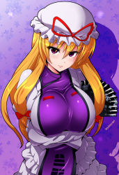 Rule 34 | 1girl, blonde hair, bow, breast rest, breasts, crossed arms, eyes visible through hair, floral background, floral print, folding fan, frilled sleeves, frills, hair bow, hand fan, hat, hat ribbon, head tilt, highres, large breasts, lips, long hair, long sleeves, looking at viewer, mob cap, purple eyes, ribbon, shadow, shiny clothes, smile, solo, tabard, touhou, trigram, twitter username, umasan, very long hair, yakumo yukari