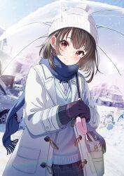 Rule 34 | 1girl, absurdres, bag, blue scarf, blush, brown hair, car, closed mouth, coat, gloves, highres, holding, holding umbrella, house, looking at viewer, motor vehicle, original, outdoors, parted bangs, purple gloves, red eyes, scarf, school uniform, shirt, short hair, shoulder bag, siokazunoko, smile, snow, solo, sweater vest, transparent, transparent umbrella, umbrella, white bag, white coat, white headwear, white shirt, white sweater vest, winter, winter clothes, winter coat, winter uniform