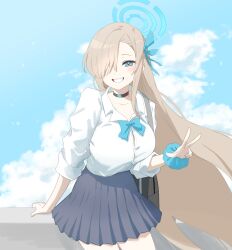Rule 34 | 1girl, asuna (blue archive), bag, black bag, black choker, blue archive, blue bow, blue bowtie, blue eyes, blue ribbon, blue sky, blush, bow, bowtie, breasts, buttons, cake mogo, choker, cloud, cloudy sky, collarbone, collared shirt, day, grey skirt, hair over one eye, hair ribbon, halo, highres, large breasts, light brown hair, long hair, long sleeves, looking at viewer, outdoors, pleated skirt, ribbon, shirt, skirt, sky, smile, solo, standing, teeth, w, white shirt, wrist cuffs