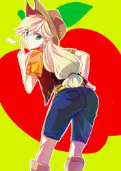 Rule 34 | 1girl, apple, applejack, ass, blonde hair, cowboy hat, finger gun, food, freckles, fruit, green eyes, hand on own hip, hat, long hair, looking at viewer, looking back, low-tied long hair, my little pony, my little pony: friendship is magic, personification, shorts, solo, striped, tate-ya, vest