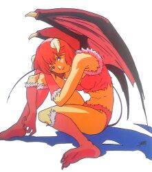 Rule 34 | 1girl, barefoot, demon girl, demon horns, demon tail, demon wings, horns, knee up, looking at viewer, lowres, monster farm, non-web source, official art, pixie (monster farm), red eyes, red hair, red wings, short hair, simple background, sitting, solo, tail, white background, wings