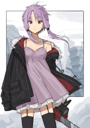 Rule 34 | 1girl, black jacket, black thighhighs, border, chainsaw, cityscape, closed mouth, commentary, dress, fur trim, garter straps, highres, holding, holding chainsaw, jacket, looking at viewer, minatsuki (m1natsuk1), open clothes, open jacket, outdoors, power tool, purple dress, purple eyes, purple hair, ruins, short hair, short hair with long locks, sidelocks, sleeveless, sleeveless dress, solo, standing, thighhighs, vocaloid, voiceroid, white border, yuzuki yukari