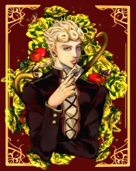 Rule 34 | 1boy, apple, bad id, bad pixiv id, blonde hair, blue eyes, boorunrun, braid, bug, butterfly, card, flower, food, formal, framed, fruit, giorno giovanna, holding, insect, jojo no kimyou na bouken, male focus, playing card, ponytail, rose, single braid, snake, solo, upper body, vento aureo, yellow flower, yellow rose