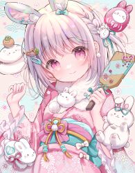 Rule 34 | 1girl, animal, animal ear fluff, animal ears, braid, chinese zodiac, closed mouth, commentary request, frilled sleeves, frills, grey hair, hagoita, hair ornament, hands up, highres, holding, japanese clothes, kimono, long sleeves, looking at viewer, nengajou, new year, obi, original, paddle, pink eyes, pink kimono, rabbit, rabbit ears, rabbit hair ornament, rin (fuwarin), sash, smile, solo, two side up, wide sleeves, year of the rabbit