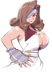 Rule 34 | 1girl, absurdres, bare shoulders, beatrix, breasts, brown hair, cleavage, eyepatch, fantasy, final fantasy, final fantasy ix, hand on own hip, hidarikiki, highres, huge breasts, large breasts, lips, looking at viewer, red eyes, sleeveless, solo, upper body