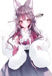 Rule 34 | 1girl, animal ear fluff, animal ears, black hair, black skirt, blush, closed mouth, commentary request, flower, hair ornament, hair stick, hanbok, hands up, highres, korean clothes, long hair, long sleeves, looking at viewer, multicolored hair, original, purple hair, red eyes, simple background, skirt, smile, solo, streaked hair, tandohark, white background, white flower