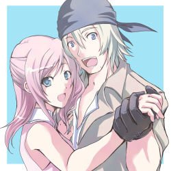 Rule 34 | 10s, 1boy, 1girl, :d, bad id, bad pixiv id, bandana, blonde hair, blue eyes, couple, final fantasy, final fantasy xiii, gloves, holding hands, hetero, lowres, microspace, open mouth, pink hair, serah farron, smile, snow villiers