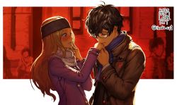Rule 34 | 1boy, 1girl, amamiya ren, black hair, black jacket, blonde hair, commentary request, couple, dated, closed eyes, glasses, kissing hand, hand on own face, headband, hetero, highres, hand grab, ikeda (cpt), jacket, kiss, mifune chihaya, persona, persona 5, purple jacket, scarf, twitter username