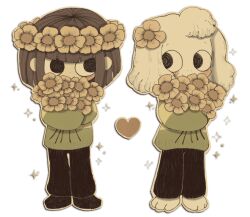 Rule 34 | 1boy, 1other, animal feet, asriel dreemurr, black eyes, black footwear, black pants, blunt bangs, blush stickers, bouquet, brown hair, chara (undertale), closed mouth, commentary, cowlick, english commentary, eyelashes, floppy ears, flower, furry, furry male, green sweater, hair flower, hair ornament, head wreath, heart, holding, holding bouquet, long sleeves, memorisleep, outline, pants, shoes, short hair, single stripe, smile, sparkle, striped clothes, striped sweater, sweater, transparent background, undertale, white fur, white outline, yellow flower