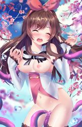 Rule 34 | 1girl, ;o, artist name, bare shoulders, black ribbon, blue sky, blurry, blush, bottomless, breasts, breasts out, brown hair, censored, cherry blossoms, closed mouth, cowboy shot, day, depth of field, detached collar, detached sleeves, facing viewer, groin, hair ribbon, heart, heart of string, highres, holding another&#039;s wrist, kizuna ai, kizuna ai inc., long hair, long sleeves, medium breasts, mosaic censoring, multicolored hair, navel, neck ribbon, nipples, one eye closed, open mouth, outdoors, pink hair, pink ribbon, ribbon, round teeth, sky, sleeves past wrists, solo, squchan, standing, stomach, sweat, teeth, tentacles, thighs, two-tone hair, vaginal, veins, virtual youtuber, water drop, wince