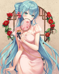 1girl aqua_eyes bracelet china_dress chinese_clothes cowboy_shot dress flower hair_flower hair_ornament hand_fan hatsune_miku heeri holding holding_fan jewelry long_hair paper_fan shaohua_hatsune_miku solo uchiwa very_long_hair vocaloid window