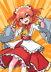 Rule 34 | 1girl, absurdres, ascot, double v, dress, fang, highres, kou syu 27, long sleeves, looking at viewer, maid headdress, one-hour drawing challenge, orange background, orange eyes, orange hair, red dress, short hair, skin fang, solo, sunny milk, touhou, two side up, v, wide sleeves, yellow ascot
