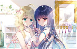 Rule 34 | 2girls, ahoge, bare shoulders, black hair, blonde hair, bow, center frills, closed mouth, commentary request, cosmetics, dress, flower, frilled dress, frills, green eyes, hair bow, holding, holding lipstick tube, idolmaster, idolmaster cinderella girls, indoors, lipstick tube, long hair, looking at viewer, looking to the side, mirror, multiple girls, parted lips, pink bow, red eyes, reflection, sajo yukimi, sleeveless, sleeveless dress, strap slip, takashina asahi, very long hair, white dress, white flower, yusa kozue