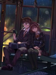 Rule 34 | 1boy, 1girl, bag, black footwear, black jacket, blush, bow, bowtie, brown hair, cellphone, commentary request, formal, glasses, hair ornament, highres, holding, holding phone, jacket, leaning on person, loafers, long hair, original, outdoors, phone, shirt, shoes, short hair, sitting, sleeping, thighhighs, umbrella, white shirt, yewang19