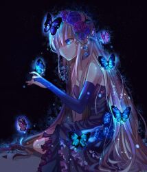 Rule 34 | 1girl, absurdres, artist request, bare shoulders, black background, blue butterfly, blue eyes, blue flower, blue rose, breasts, bridal gauntlets, bug, butterfly, collarbone, dark background, dated, detached sleeves, dress, flower, frilled dress, frills, glowing, hair ornament, head wreath, highres, insect, knees, light particles, long hair, looking at animal, looking at another, looking at hand, nail polish, one eye covered, original, pink hair, portrait, purple hair, rose, signature, sitting, small breasts, source request, third-party source, wallpaper