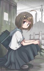 Rule 34 | 1girl, ahegao, bag, blue skirt, blunt bangs, blush, brown eyes, brown hair, building, fence, hair ornament, hairclip, highres, looking at viewer, looking to the side, outdoors, pleated skirt, qt project, rain, school uniform, serafuku, short hair, short sleeves, skirt, solo, squatting, utility pole