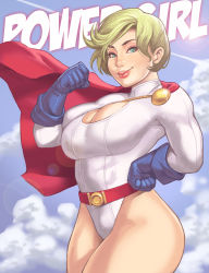 Rule 34 | 1girl, bad id, bad pixiv id, belt, blonde hair, blue eyes, blue gloves, breasts, cape, character name, cleavage, cleavage cutout, clothing cutout, curvy, dc comics, eyebrows, eyelashes, gloves, kryptonian, large breasts, lens flare, leotard, lips, long sleeves, maou alba, nose, power girl, red cape, short hair, smile, solo, superhero costume, superman (series), thick thighs, thighs
