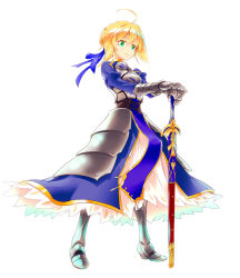 Rule 34 | 1girl, ahoge, armor, armored boots, armored dress, artoria pendragon (all), artoria pendragon (fate), blonde hair, blue dress, blue ribbon, boots, braid, braided bun, caliburn (fate), corset, dress, fate/stay night, fate (series), faulds, full body, gauntlets, green eyes, hair between eyes, hair bun, hair ribbon, hands on hilt, noriccho!, ribbon, saber (fate), sheath, sheathed, sidelocks, simple background, smile, solo, standing, sword, weapon, white background