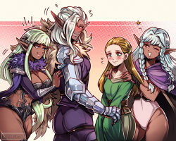 1boy 3girls abs aqua_hair armor ass bikini_armor black_armor blush braid breasts brown_hair cape circlet closed_mouth collarbone commentary dark-skinned_female dark-skinned_male dark_elf dark_skin dress elf elina_(unicorn_overlord) english_commentary flying_sweatdrops freckles fur_collar fur_trim gauntlets green_dress green_eyes grin gzei hair_intakes hair_over_one_eye hands_on_another&#039;s_shoulders highleg highleg_leotard highres ithilion_(unicorn_overlord) large_breasts leotard long_hair looking_at_another multiple_girls muscular muscular_female one_eye_closed pants pauldrons pointy_ears purple_cape purple_eyes purple_pants purple_shirt railanor_(unicorn_overlord) red_eyes revealing_clothes rosalinde_(unicorn_overlord) shirt shoulder_armor smile strapless strapless_leotard sweatdrop twin_braids twitter_username unicorn_overlord white_hair white_leotard wide_sleeves