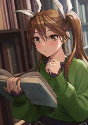 Rule 34 | 1girl, blush, book, bookshelf, brown eyes, brown hair, buttons, cardigan, closed mouth, green cardigan, hair between eyes, hair ribbon, holding, holding book, jewelry, kantai collection, long hair, long sleeves, looking at viewer, ribbon, ring, solo, tantaka, tone (kancolle), twintails, wavy mouth, wedding band, white ribbon