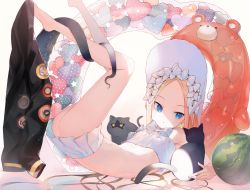 Rule 34 | 1girl, abigail williams (fate), abigail williams (swimsuit foreigner) (fate), abigail williams (swimsuit foreigner) (third ascension) (fate), absurdres, ass, backlighting, bare shoulders, bikini, black cat, black jacket, blonde hair, blue eyes, bonnet, bow, breasts, cat, fate/grand order, fate (series), food, forehead, fruit, hair bow, highres, innertube, jacket, legs, legs up, long hair, miniskirt, open mouth, parted bangs, sidelocks, skirt, small breasts, solo, swim ring, swimsuit, tentacles, twintails, ugusu24, unworn jacket, very long hair, watermelon, white bikini, white bow, white headwear