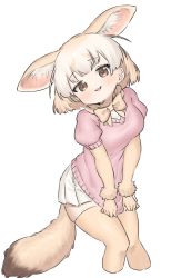 Rule 34 | 1girl, absurdres, animal ears, bad id, bad twitter id, bow, bowtie, brown eyes, cropped legs, fennec (kemono friends), fox ears, fox tail, highres, kemono friends, kona ming, looking at viewer, orange bow, orange bowtie, pink sweater, pleated skirt, puffy short sleeves, puffy sleeves, short hair, short sleeves, simple background, skirt, solo, sweater, tail, thighhighs, white background, white skirt, yellow thighhighs