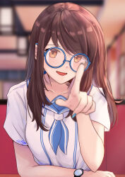 Rule 34 | 1girl, absurdres, arm rest, blue-framed eyewear, blue nails, blue neckerchief, blue sailor collar, blurry, blurry background, booth seating, brown eyes, brown hair, collarbone, commentary, dating, depth of field, english commentary, fingernails, foreshortening, glasses, highres, index finger raised, indoors, linfey, long hair, looking at viewer, nail polish, neckerchief, original, pointing, pointing at viewer, round eyewear, sailor collar, school uniform, serafuku, short sleeves, signature, upper body, watch, white serafuku, wristwatch