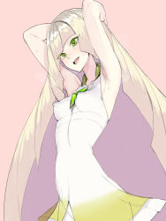Rule 34 | 1girl, :d, armpit hair, armpits, arms behind head, blonde hair, blush, breasts, covered erect nipples, creatures (company), dress, fakepucco, game freak, green eyes, highres, long hair, lusamine (pokemon), narrow waist, nintendo, open mouth, perky breasts, pink background, pokemon, pokemon sm, simple background, sleeveless, sleeveless dress, small breasts, smile, solo, sweat, very long hair
